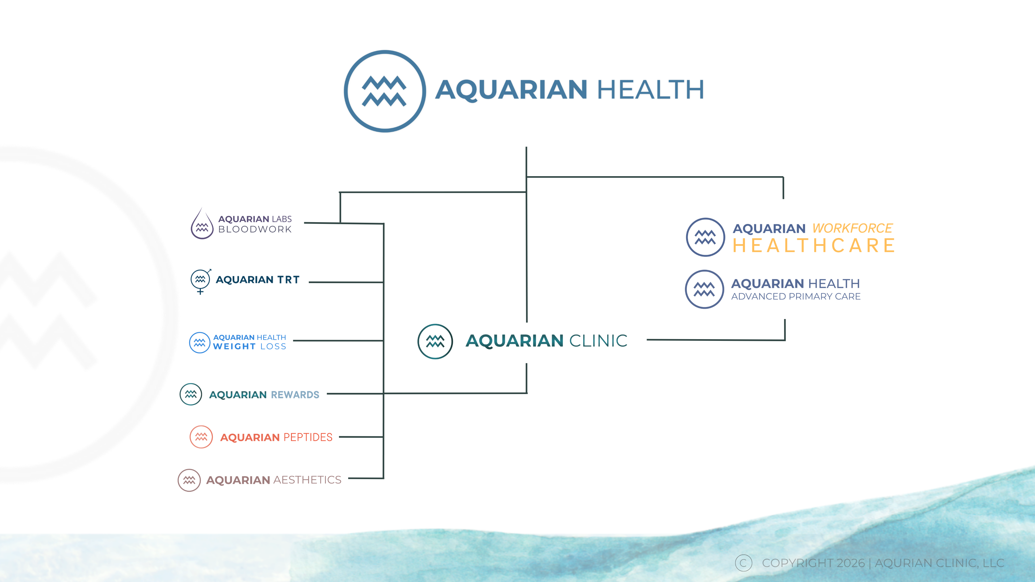 Aquarian Health ecosystem showing how primary care, workforce healthcare, clinic services, weight loss, TRT, peptides, bloodwork, rewards, and wellness programs are connected under one integrated healthcare organization.